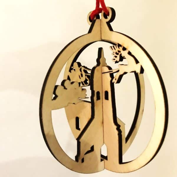 Boule de noël 3D en bois motif église comtoise