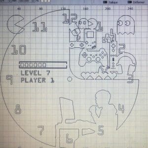 Dessin de l'horloge pour gamer en bois, avant découpe laser dans le bois.